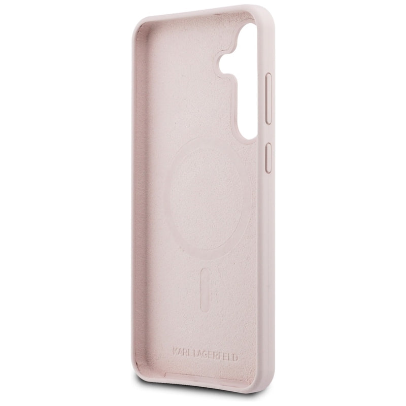 Karl Lagerfeld Silikoninis MagSafe dėklas su Karl & Choupette galvutėmis – Samsung Galaxy S25 FE (rožinis)
