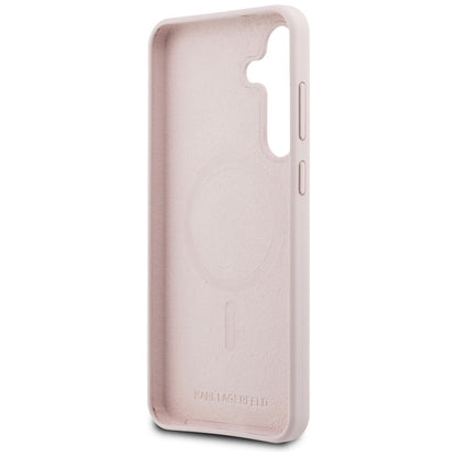 Karl Lagerfeld Silikoninis MagSafe dėklas su Karl & Choupette galvutėmis – Samsung Galaxy S25 FE (rožinis)