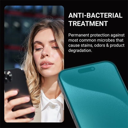 Crong Anti-Bacterial 3D Armour Glass – 9H pilno ekrano grūdintas stiklas skirtas iPhone 15 Pro + montavimo rėmelis