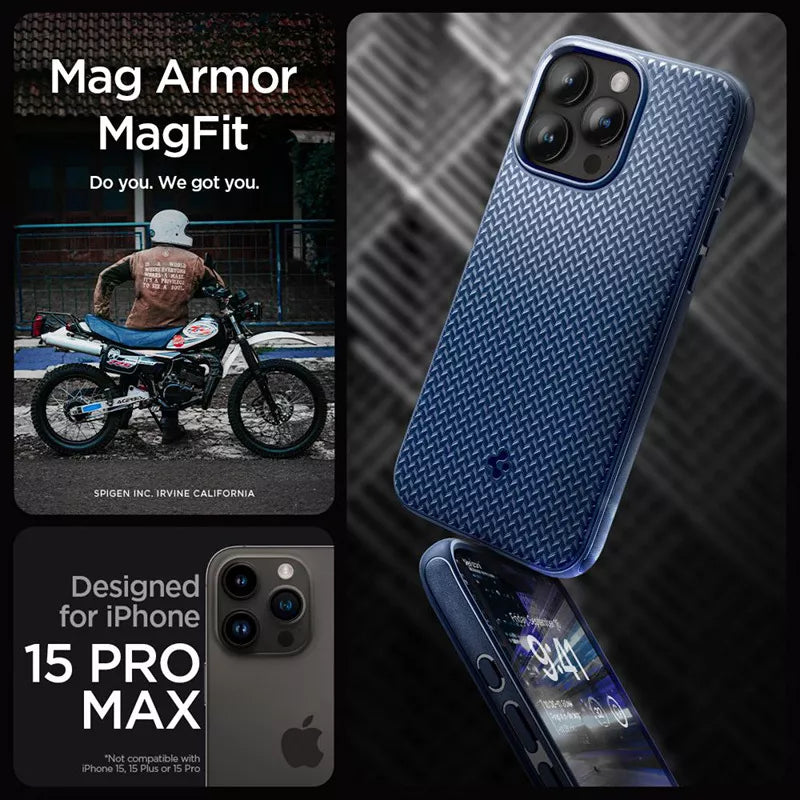 Spigen Mag Armor Magsafe – dėklas, skirtas iPhone 15 Pro Max (tamsiai mėlyna)