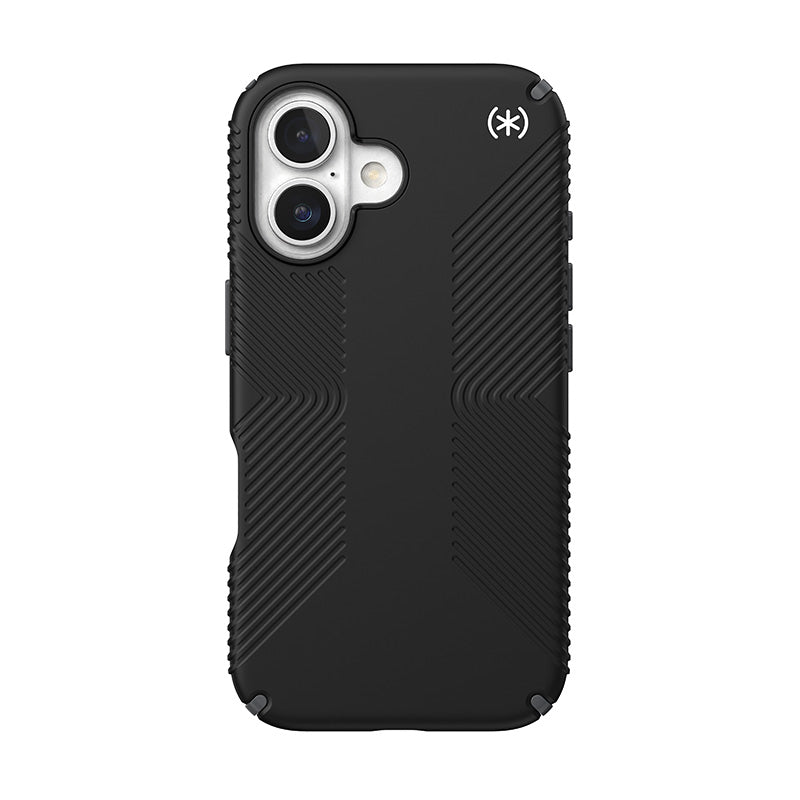 Speck Presidio2 Grip – dėklas iPhone 16 (juodos / skaidrios pilkos / baltos spalvos)