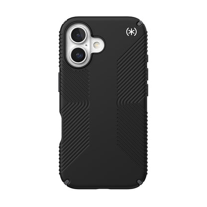 Speck Presidio2 Grip – dėklas iPhone 16 (juodos / skaidrios pilkos / baltos spalvos)