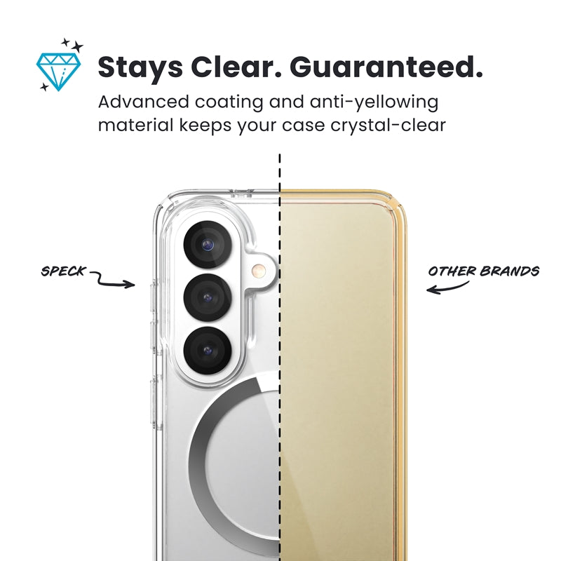 Speck Presidio Perfect-Clear Magnet – Samsung Galaxy S26 dėklas su MagSafe (Skaidrus/Skaidrus/Sidabrinis)