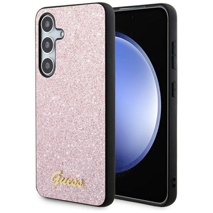 Guess Glitter Flakes Metal Logo dėklas – dėklas skirtas Samsung Galaxy S24 (rožinės spalvos)