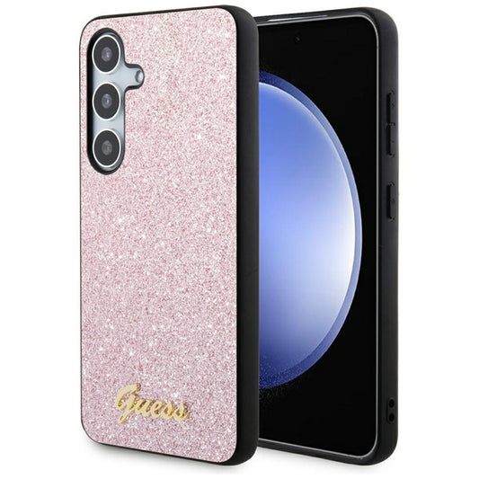 Guess Glitter Flakes Metal Logo dėklas – dėklas skirtas Samsung Galaxy S24 (rožinės spalvos)