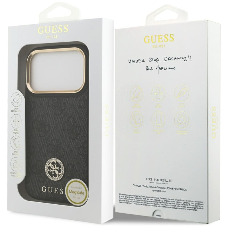 Guess 4G Strass Logo MagSafe dėklas iPhone 17 Pro (juodas)