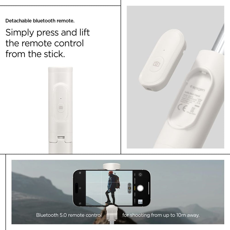 Spigen S541W "Bluetooth" asmenukių lazdelė su trikoju – išmaniojo telefono trikojis / asmenukių lazdelės laikiklis (smėlio spalvos)