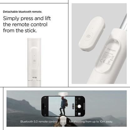 Spigen S541W "Bluetooth" asmenukių lazdelė su trikoju – išmaniojo telefono trikojis / asmenukių lazdelės laikiklis (smėlio spalvos)