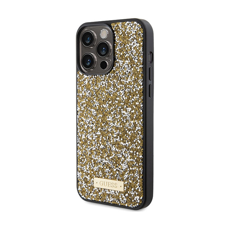 Guess Rhinestone Metal Logo – Dėklas, skirtas „iPhone 15 Pro“ (geltonas)