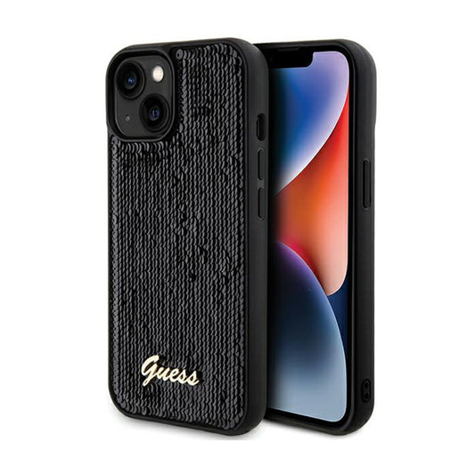 Guess Sequin Script Metal – dėklas, skirtas iPhone 14 (juodas)