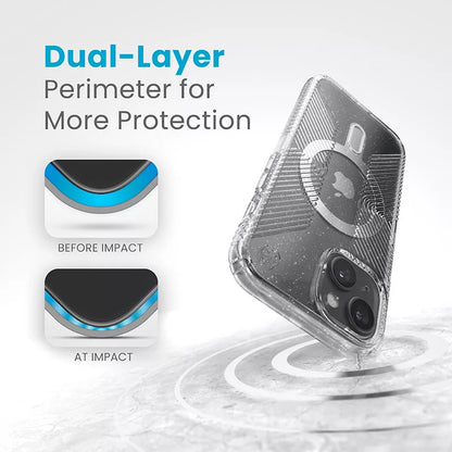 Speck Presidio Lux Grip ClickLock & Magsafe – Dėklas skirtas iPhone 16e / iPhone 15 / iPhone 14 / iPhone 13 (Permatomas / Platininis Blizgučiai / Chromo Apdaila / Raminantis Sidabrinis)