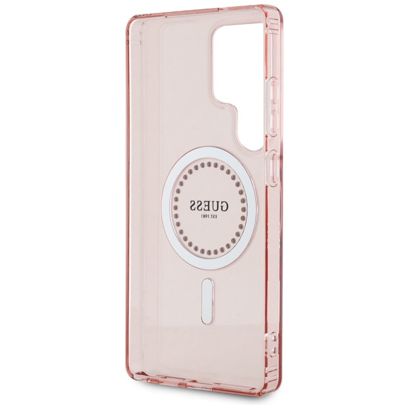 Guess Rhinestones Printed Classic Logo MagSafe – dėklas, skirtas Samsung Galaxy S25 Ultra (rožinis)