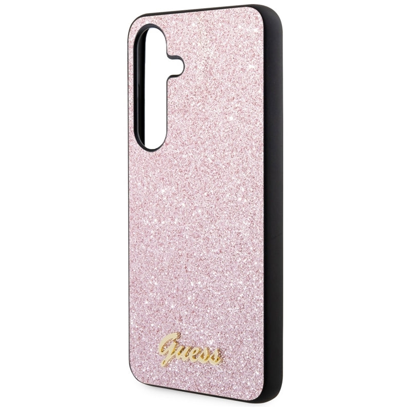 Guess Glitter Flakes Metal Logo dėklas – dėklas skirtas Samsung Galaxy S24 (rožinės spalvos)