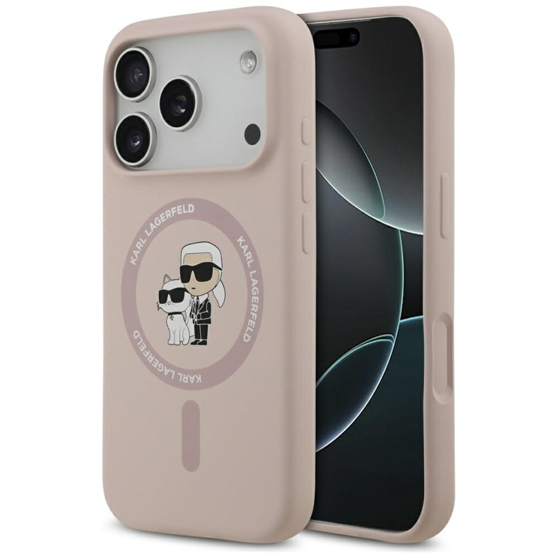 Karl Lagerfeld Silikoninis dėklas su Karl & Choupette žiedu MagSafe iPhone 17 Pro (rožinis)