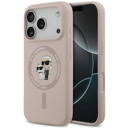 Karl Lagerfeld Silikoninis dėklas su Karl & Choupette žiedu MagSafe iPhone 17 Pro (rožinis)