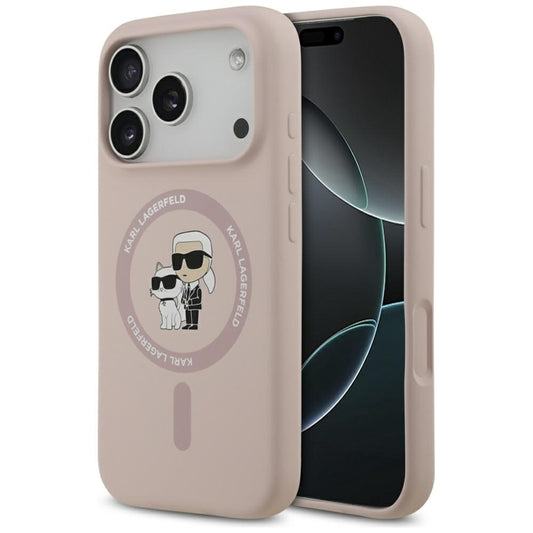 Karl Lagerfeld Silikoninis dėklas su Karl & Choupette žiedu MagSafe iPhone 17 Pro (rožinis)