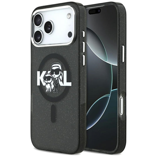 Karl Lagerfeld IML Blizgučių Karl & Choupette eskizo logotipas MagSafe - dėklas iPhone 17 Pro Max (juodas)
