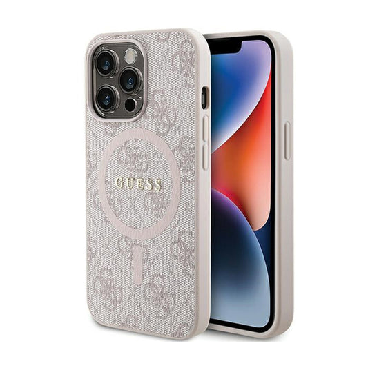 Guess 4G kolekcijos odinis dėklas su metaliniu logotipu MagSafe, skirtas iPhone 13 Pro (rožinis)