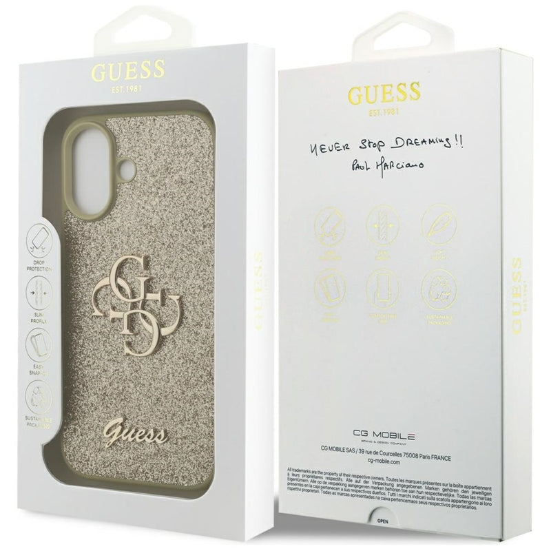 Guess Fiksuotas Blizgučiai Big 4G dėklas iPhone 17 (auksinis)