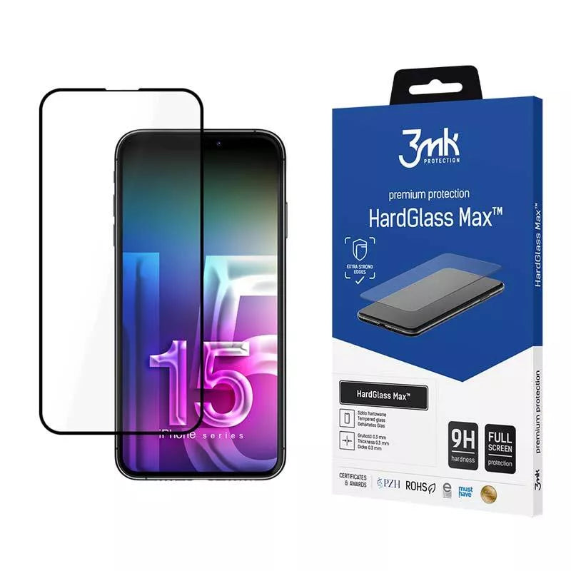 3mk HardGlass Max – Grūdintas stiklas iPhone 15 (Juodas)