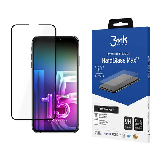 3mk HardGlass Max – Grūdintas stiklas iPhone 15 (Juodas)