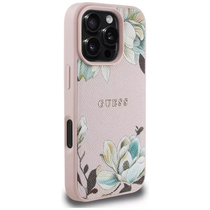 Guess Grūdėtas spausdinto gėlių rašto MagSafe - dėklas iPhone 16 Pro Max (rožinis)
