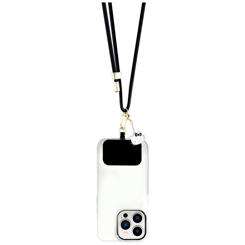 Hello Kitty pleistras ir Kitty galvos pakabukas – universalus telefono dirželis / raištelis (juodas)