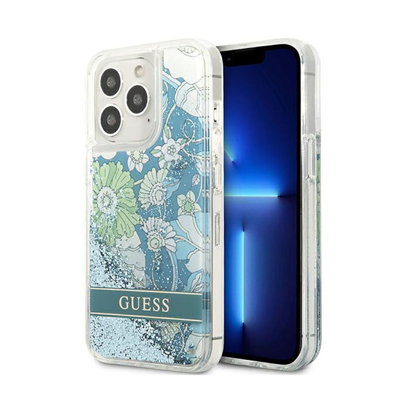 Guess Liquid Glitter Flower – „iPhone 13 Pro Max“ dangtis (mėlyna/žalia)