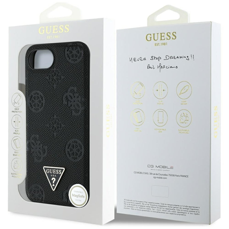Guess Grained Hot Stamp Peony Triangle Logo MagSafe – dėklas iPhone 16e (juodas)