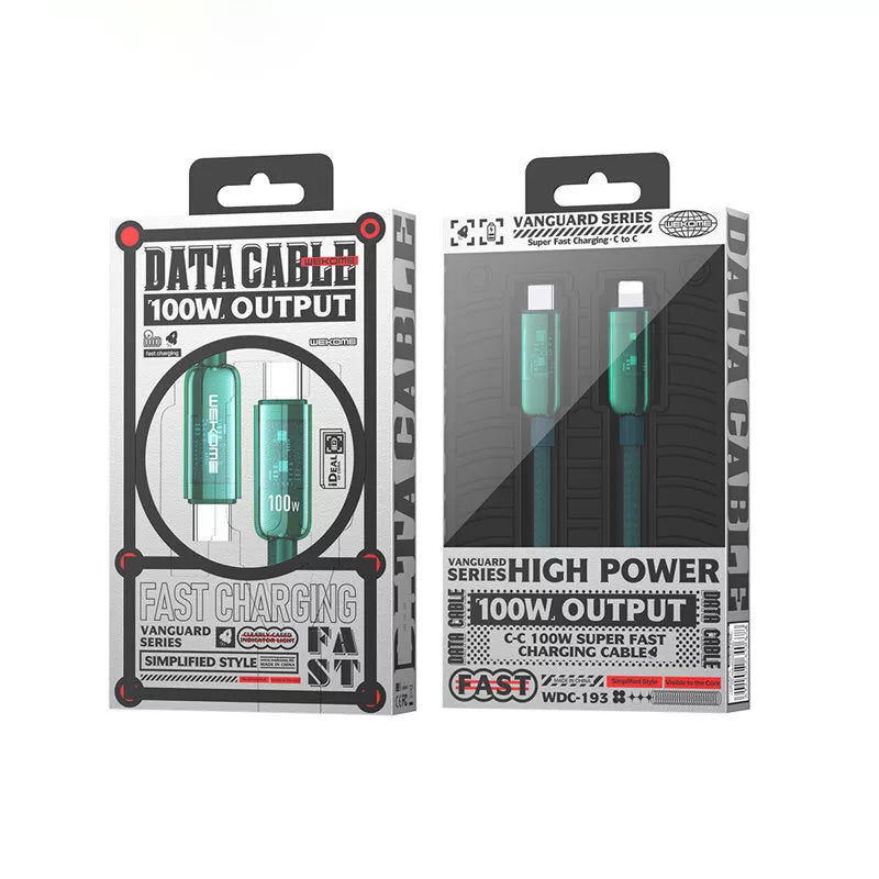 WEKOME WDC-193 Vanguard serija – USB-C į USB-C super greito įkrovimo jungties laidas 100W 1 m (žalias)