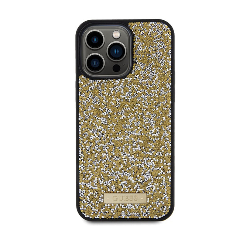 Guess Rhinestone Metal Logo – Dėklas, skirtas „iPhone 15 Pro“ (geltonas)