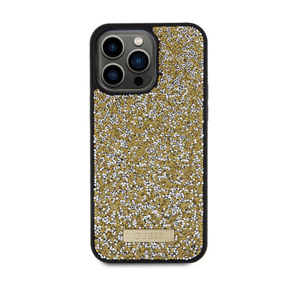 Guess Rhinestone Metal Logo – Dėklas, skirtas „iPhone 15 Pro“ (geltonas)