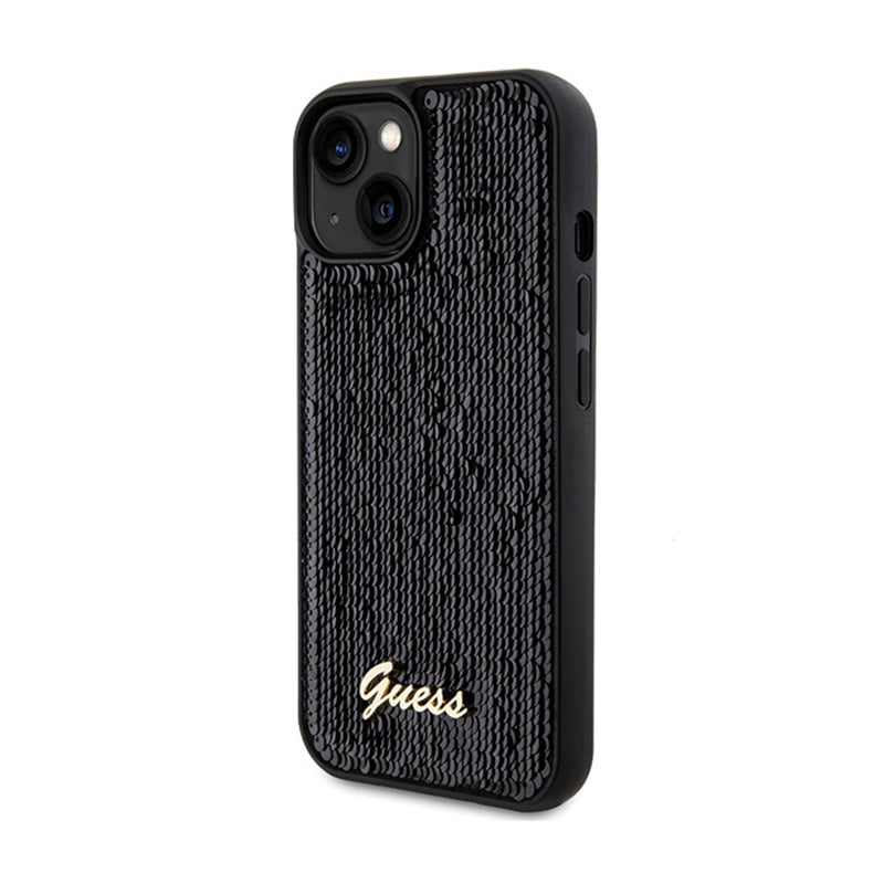 Guess Sequin Script Metal – dėklas, skirtas iPhone 14 (juodas)