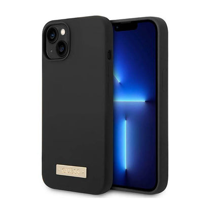 Guess Silicone Logo Plate MagSafe – dėklas iPhone 14 Plus (juodas)