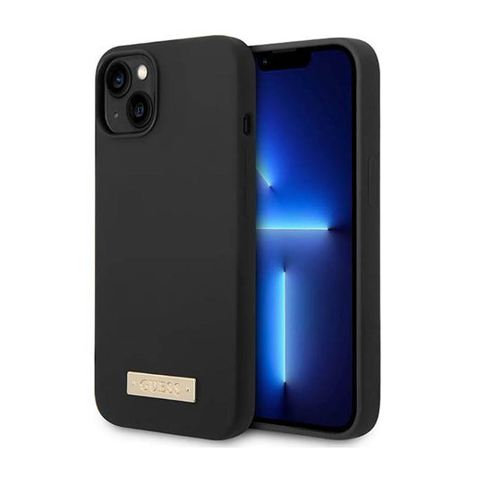 Guess Silicone Logo Plate MagSafe – dėklas iPhone 14 Plus (juodas)