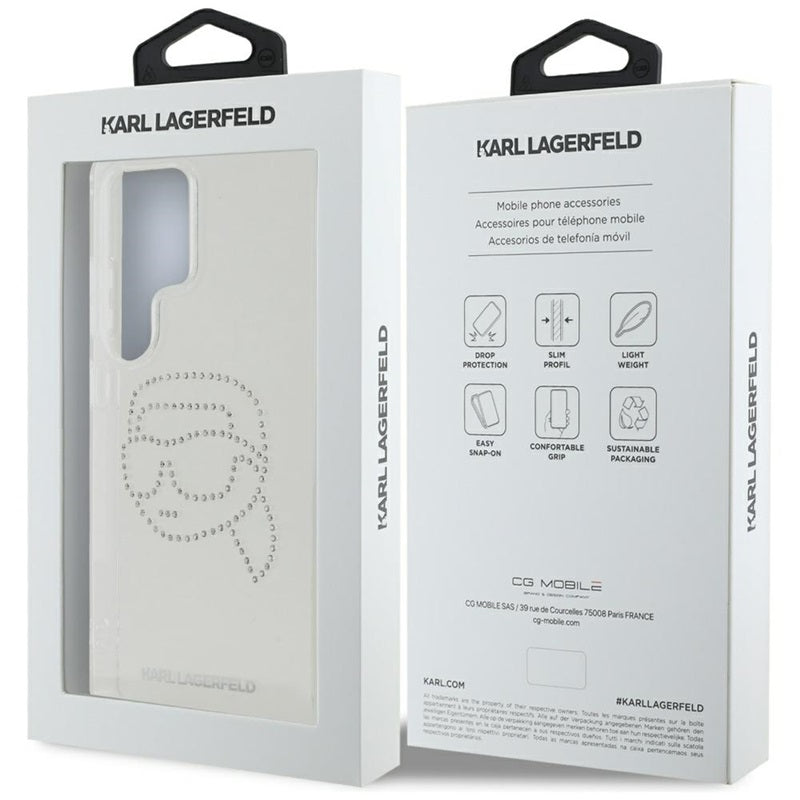 Karl Lagerfeld Rhinestones Karl Head Logo – dėklas, skirtas „Samsung Galaxy S25 Ultra“ (skaidrus)