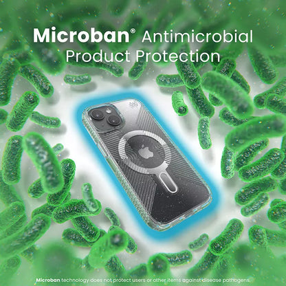 Speck Presidio Lux Grip ClickLock & Magsafe – Dėklas skirtas iPhone 16e / iPhone 15 / iPhone 14 / iPhone 13 (Permatomas / Platininis Blizgučiai / Chromo Apdaila / Raminantis Sidabrinis)