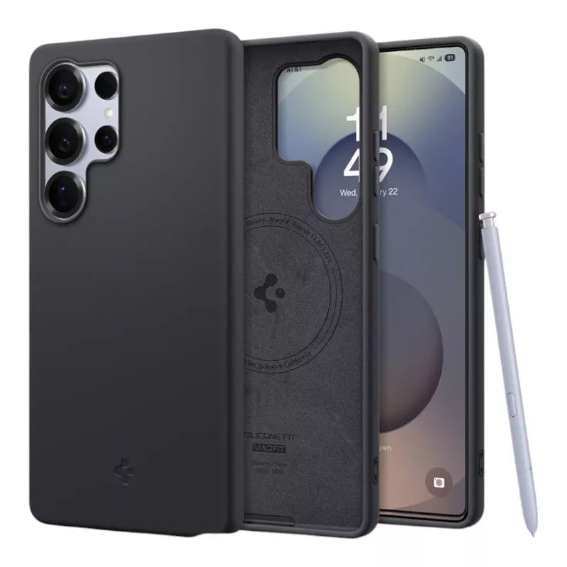 Spigen Silicone Fit Mag MagSafe – dėklas, skirtas Samsung Galaxy S25 Ultra (juoda spalva)