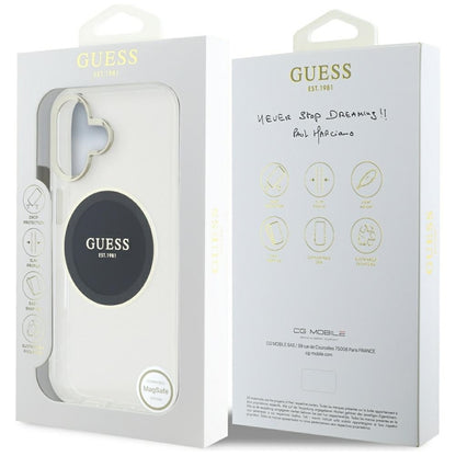 Guess IML Metal Colored Circle Classic Logo MagSafe – dėklas, skirtas „iPhone 16“ (juodas)