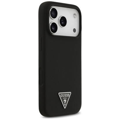 Guess Silikoninis MagSafe dėklas su Trikampio logotipu iPhone 17 Pro Max (juodas)