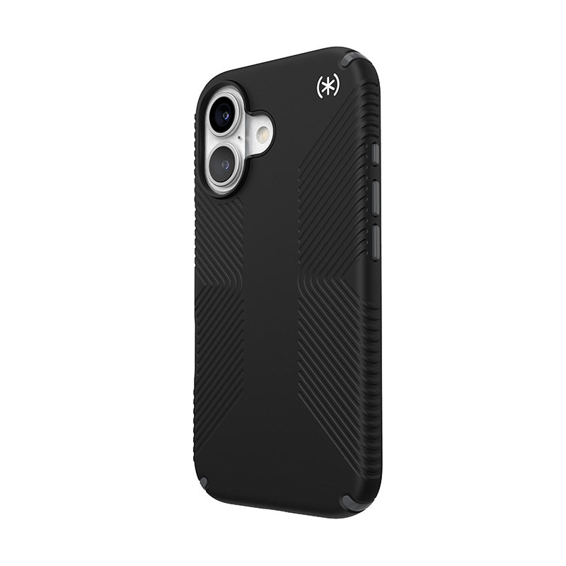 Speck Presidio2 Grip – dėklas iPhone 16 (juodos / skaidrios pilkos / baltos spalvos)