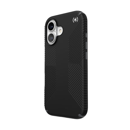 Speck Presidio2 Grip – dėklas iPhone 16 (juodos / skaidrios pilkos / baltos spalvos)