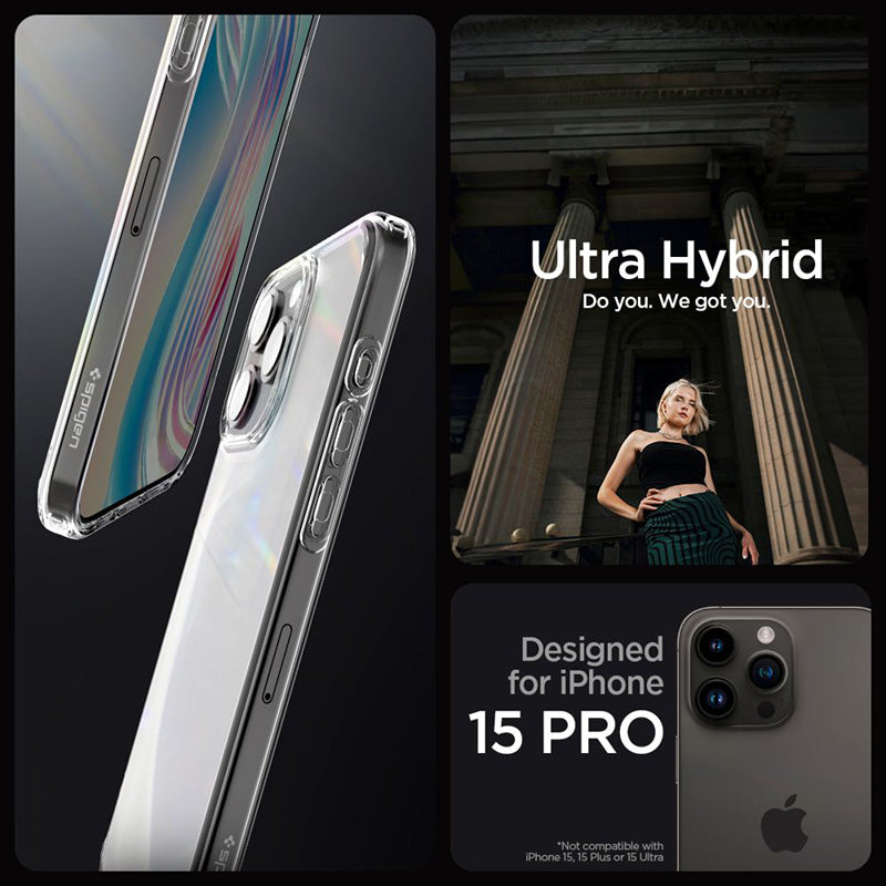 Spigen Ultra Hybrid dėklas, skirtas iPhone 15 Pro (Matinis skaidrus)