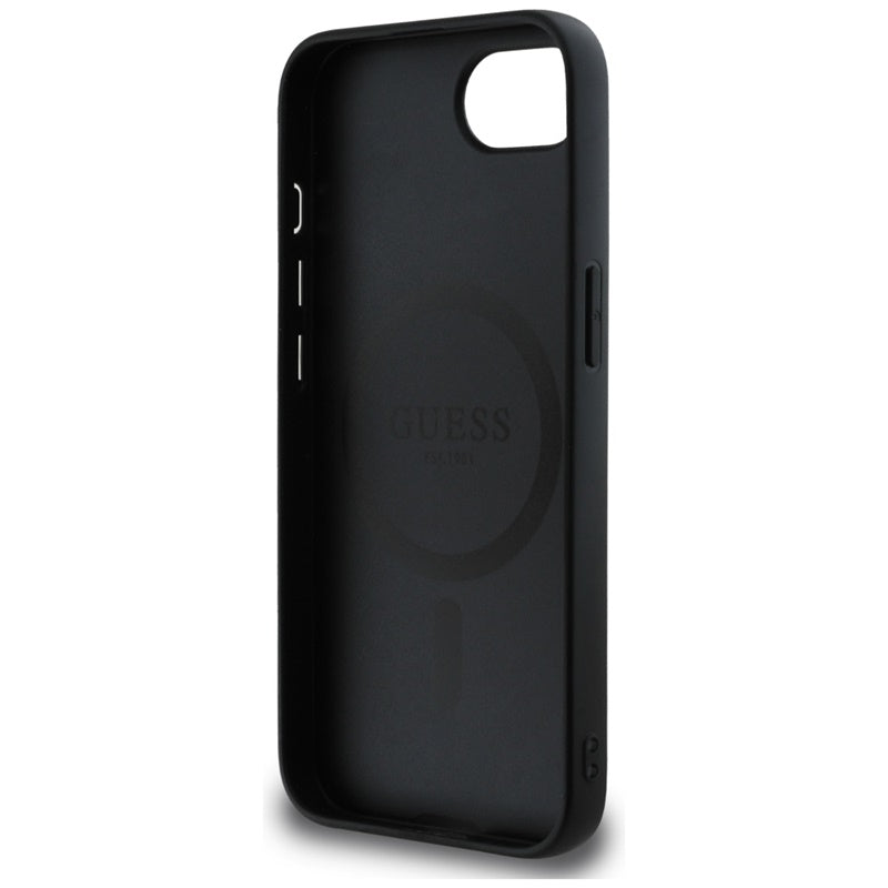 Guess Grained Ring MagSafe – dėklas, skirtas iPhone 16e (juodos spalvos)