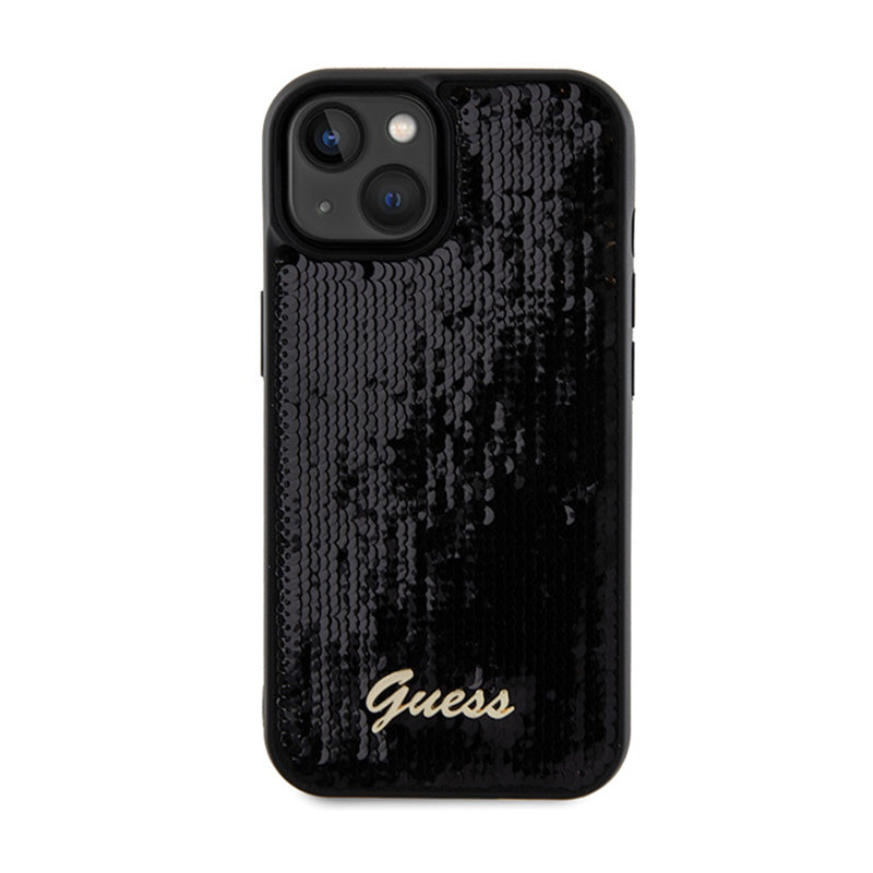 Guess Sequin Script Metal – dėklas, skirtas iPhone 14 (juodas)