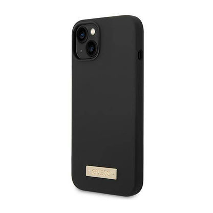 Guess Silicone Logo Plate MagSafe – dėklas iPhone 14 Plus (juodas)