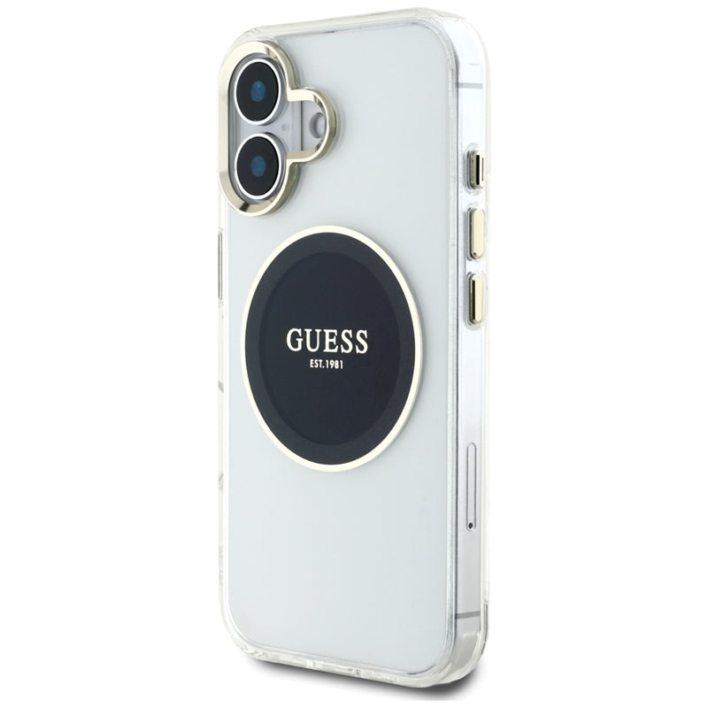 Guess IML Metal Colored Circle Classic Logo MagSafe – dėklas, skirtas „iPhone 16“ (juodas)