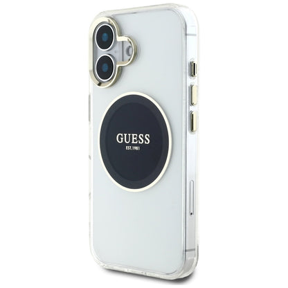 Guess IML Metal Colored Circle Classic Logo MagSafe – dėklas, skirtas „iPhone 16“ (juodas)