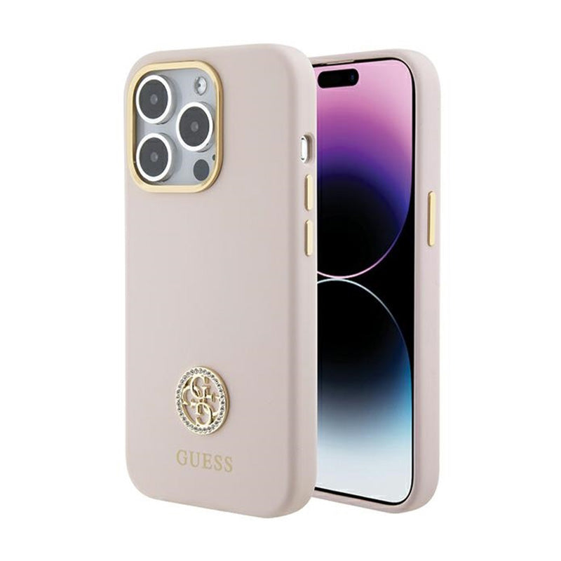 Guess Silicone Logo Strass 4G - iPhone 15 Pro dėklas (rožinis)