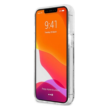Karl Lagerfeld dėklas su skystais blizgučiais Karl ir Choupette, skirtas iPhone 13 Pro (Sidabrinė)